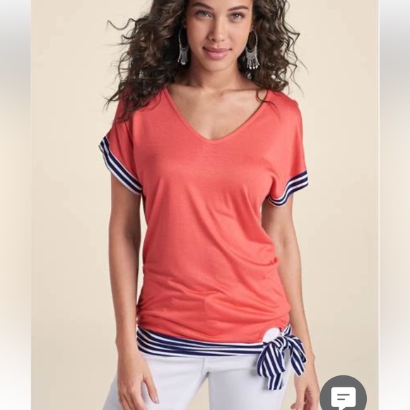 Venus Small Coral with Blue & White Stripe Side Tie Short Sleeve Shirt - Picture 6 of 13